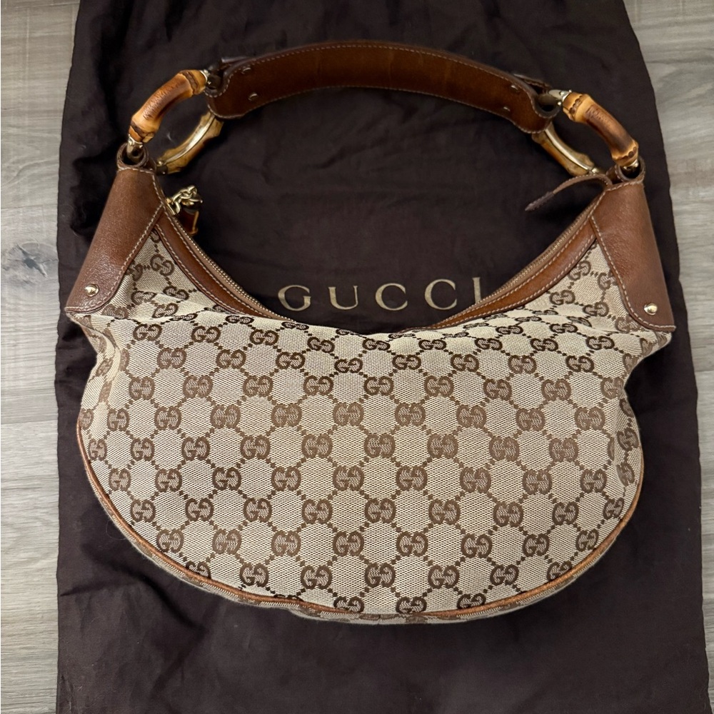 Gucci Tan and Brown Hobo Bag with Bamboo Accents